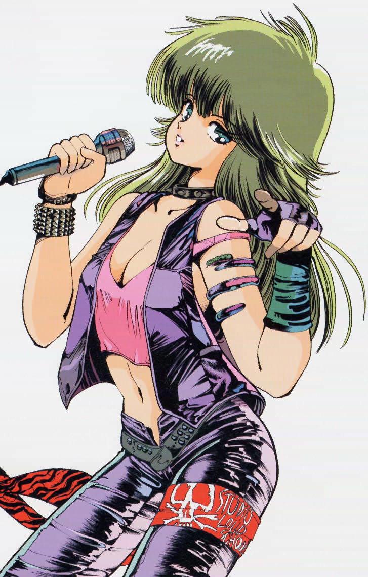 1980s_(style), 1girl, armband, armlet, artist_request, ayukawa_madoka, big_hair, blue_eyes, bracelet, breasts, camisole, choker, cleavage, crop_top, female_focus, fingerless_gloves, gloves, green_hair, jewelry, kimagure_orange_road, leather, leather_pants, long_hair, matsumoto_izumi, microphone, midriff, navel, non-web_source, oldschool, open_fly, pants, punk, retro_artstyle, solo, studded_bracelet, thigh_strap, unzipped, vest