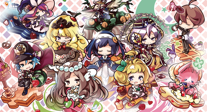 2boys, 6+girls, angel, angel_wings, argyle_background, argyle_clothes, bag, bird