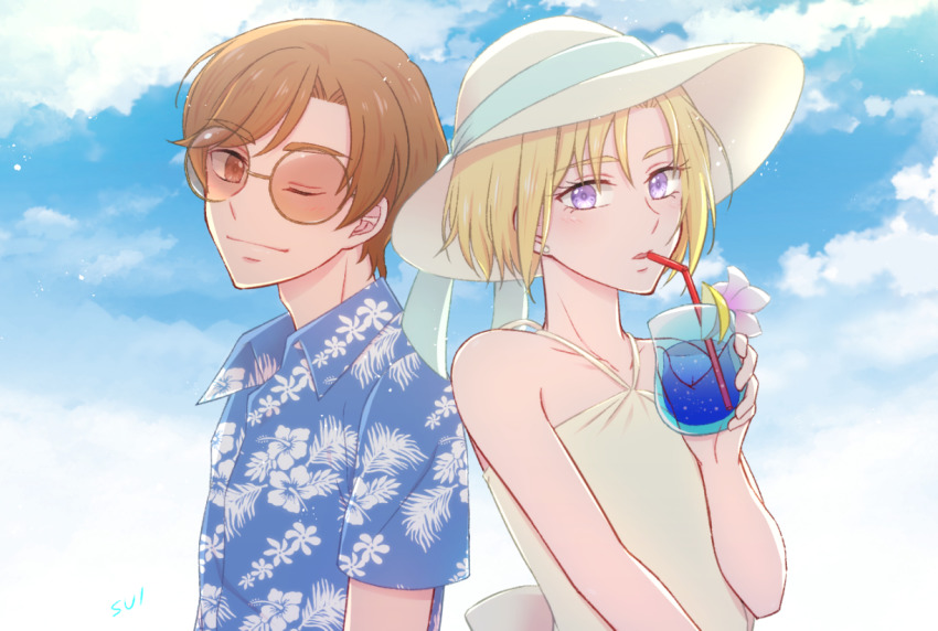 2boys, aisaki_masato, bare_shoulders, bishounen, blonde_hair, brown_eyes, brown_hair, criss-cross_halter