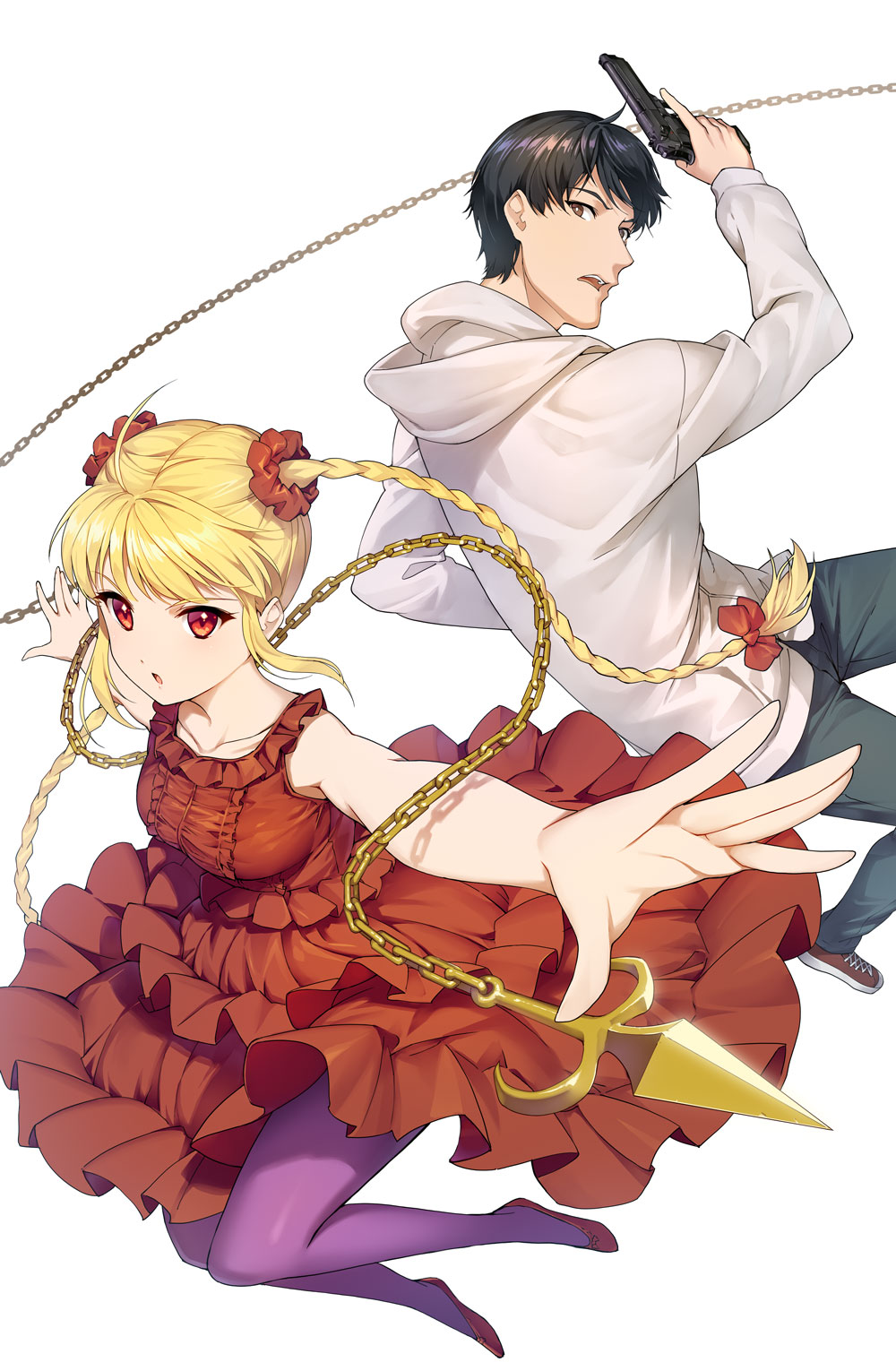 1boy, 1girl, brown_eyes, chain, character_request, darwin's_game, dress, gun