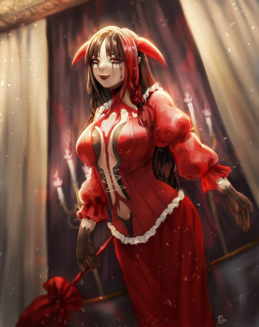 absurdres, bathtub, bloodless_(bloodstained), bloodstained:_ritual_of_the_night, bloodstained_(series), candle, candlestand, fangs, full_of_energy, gloves, gradient_hair, highres, horns, huge_filesize, living_clothes, makeup, multicolored_hair, runny_makeup, solo, streaked_hair, umbrella, vampire