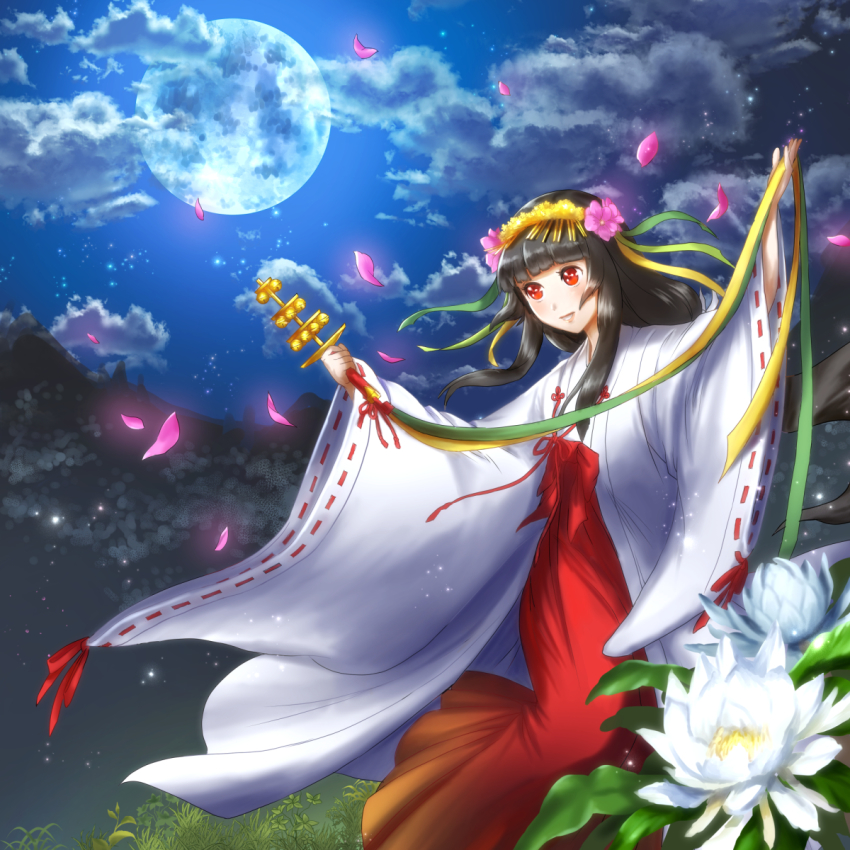 1girl, bell, black_hair, cloud, flower, full_moon, grass, hair_flower