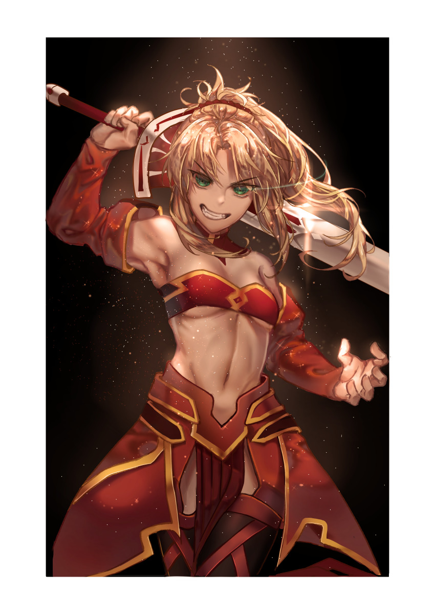 1girl, absurdres, arm_up, armpits, bandeau, bare_shoulders, blonde_hair, border