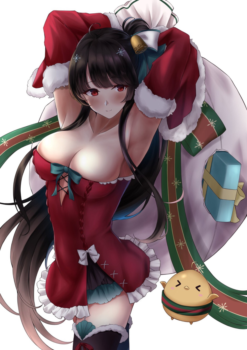 >_<, 1girl, agano_(azur_lane), agano_(christmas_eve_tease)_(azur_lane), ahoge, armpits, arms_behind_head, arms_up, azur_lane, baby_animal, bare_shoulders, bell, bird, black_hair, black_thighhighs, bow, box, breasts, chick, christmas, cleavage, collarbone, cowboy_shot, detached_sleeves, dress, female_focus, frilled_dress, frills, fur_trim, gift, gift_box, hair_bow, hair_ornament, highres, holding, large_breasts, long_hair, long_sleeves, looking_at_viewer, manjuu_(azur_lane), numaguro_(tomokun0808), red_dress, red_eyes, sack, santa_costume, simple_background, solo, standing, strapless, strapless_dress, thighhighs, very_long_hair, white_background, zettai_ryouiki