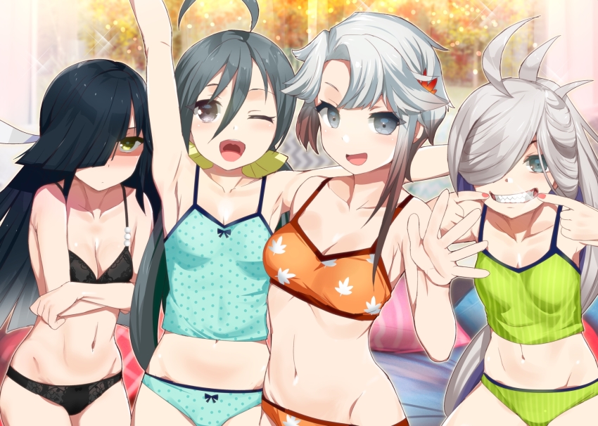 4girls, :d, ;d, ahoge, akishimo_(kancolle), arm_up, asashimo_(kancolle), asymmetrical_bangs, asymmetrical_hair, black_hair, blush, bra, breasts, camisole, crossed_arms, gradient_hair, grey_eyes, grey_hair, grin, hair_between_eyes, hair_over_one_eye, hair_ribbon, hand_up, hayashimo_(kancolle), highres, kantai_collection, kiyoshimo_(kancolle), kusaka_souji, long_hair, looking_at_viewer, low_twintails, multicolored_hair, multiple_girls, navel, one_eye_closed, open_mouth, panties, ponytail, ribbon, sharp_teeth, short_hair_with_long_locks, sidelocks, small_breasts, smile, stomach, teeth, twintails, underwear, underwear_only, very_long_hair