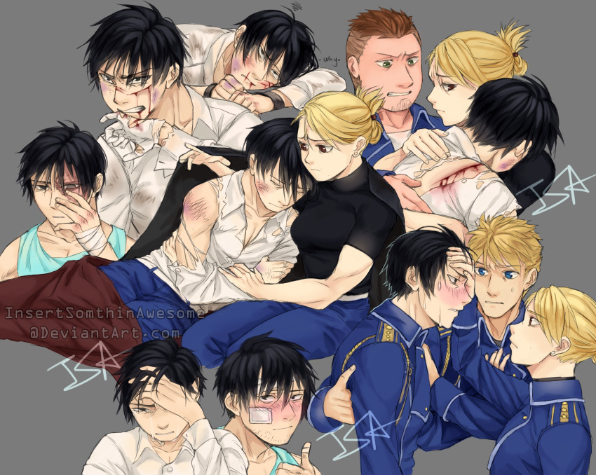artist_name, back, bandaid, bandaid_on_cheek, bandaid_on_face, black_hair, black_shirt, blonde_hair