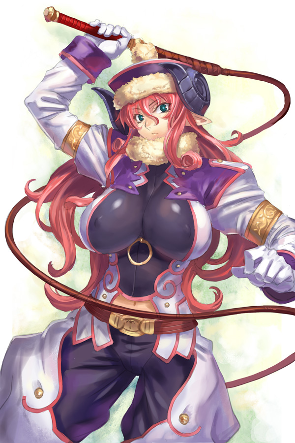 1girl, aries_(zodiac), aries_mesarthim, armlet, belt, breasts, covered_erect_nipples, curly_hair, female_focus, gloves, green_eyes, hat, holding, holding_whip, horns, huge_breasts, jewelry, long_hair, merusatimu, midriff, navel, pointy_ears, ran'ou_(tamago_no_kimi), red_hair, sheep_horns, shinrabanshou, solo, tall, whip, white_gloves, zodiac