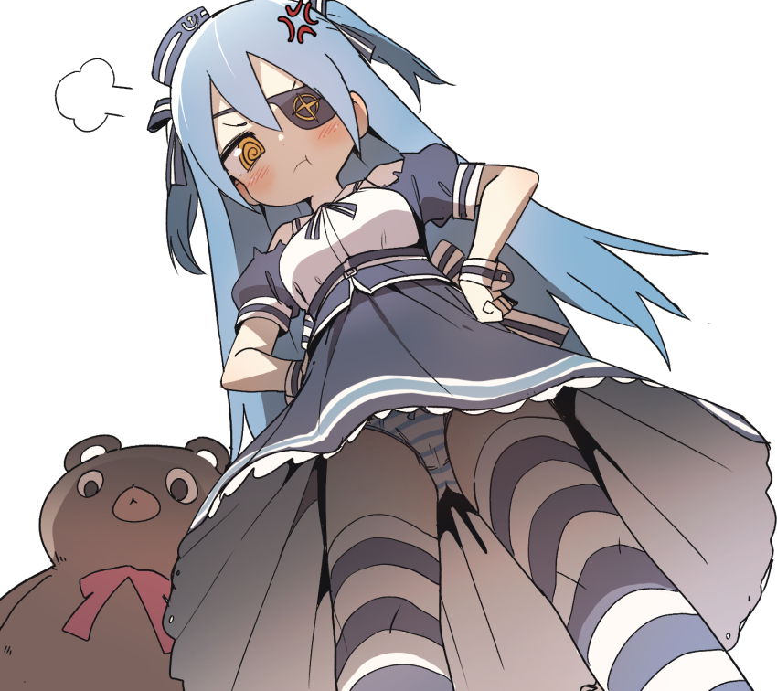 1girl, :t, @_@, anger_vein, blue_dress, blush, dress, eyepatch