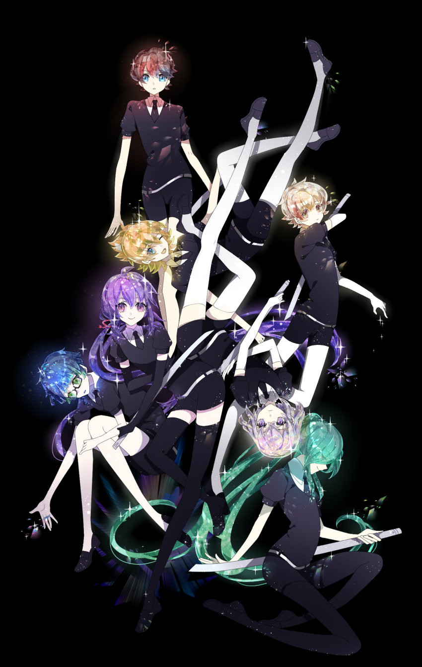 2333, 6+boys, absurdres, aqua_hair, black_background, blue_hair, colored_eyelashes, crystal_hair