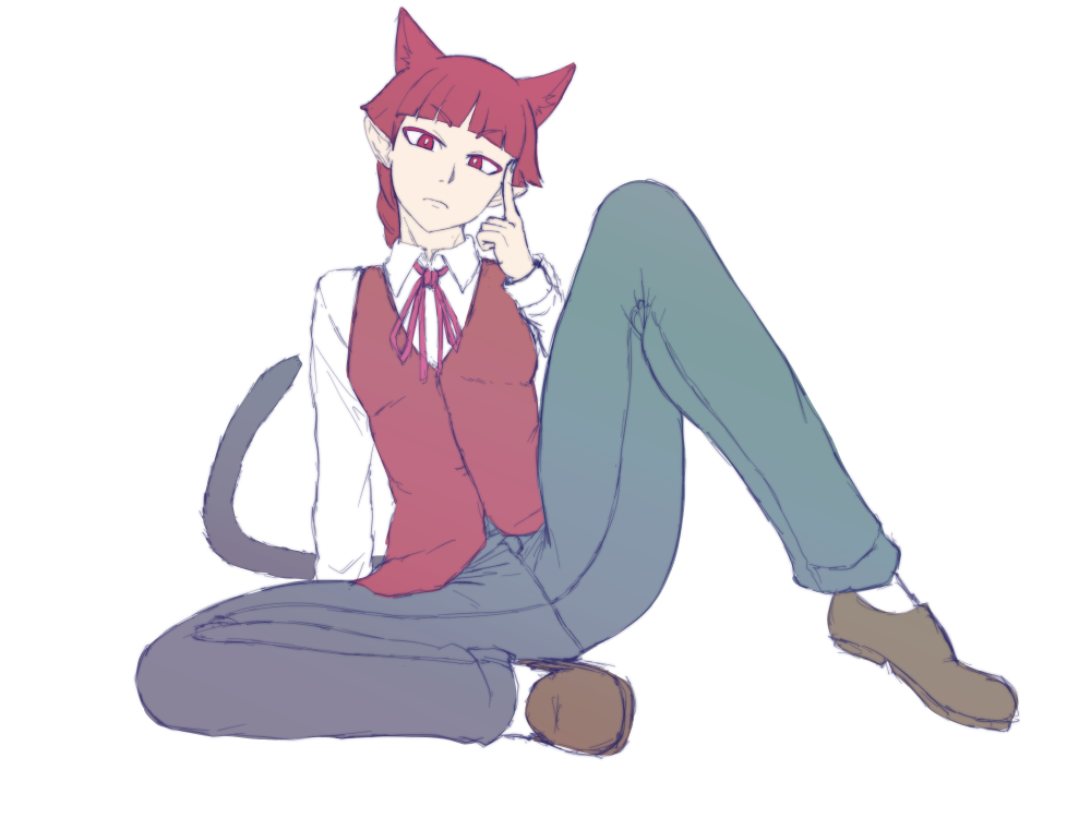 10s, 1other, androgynous, animal_ears, arm_support, blunt_bangs, braid, brown_shoes