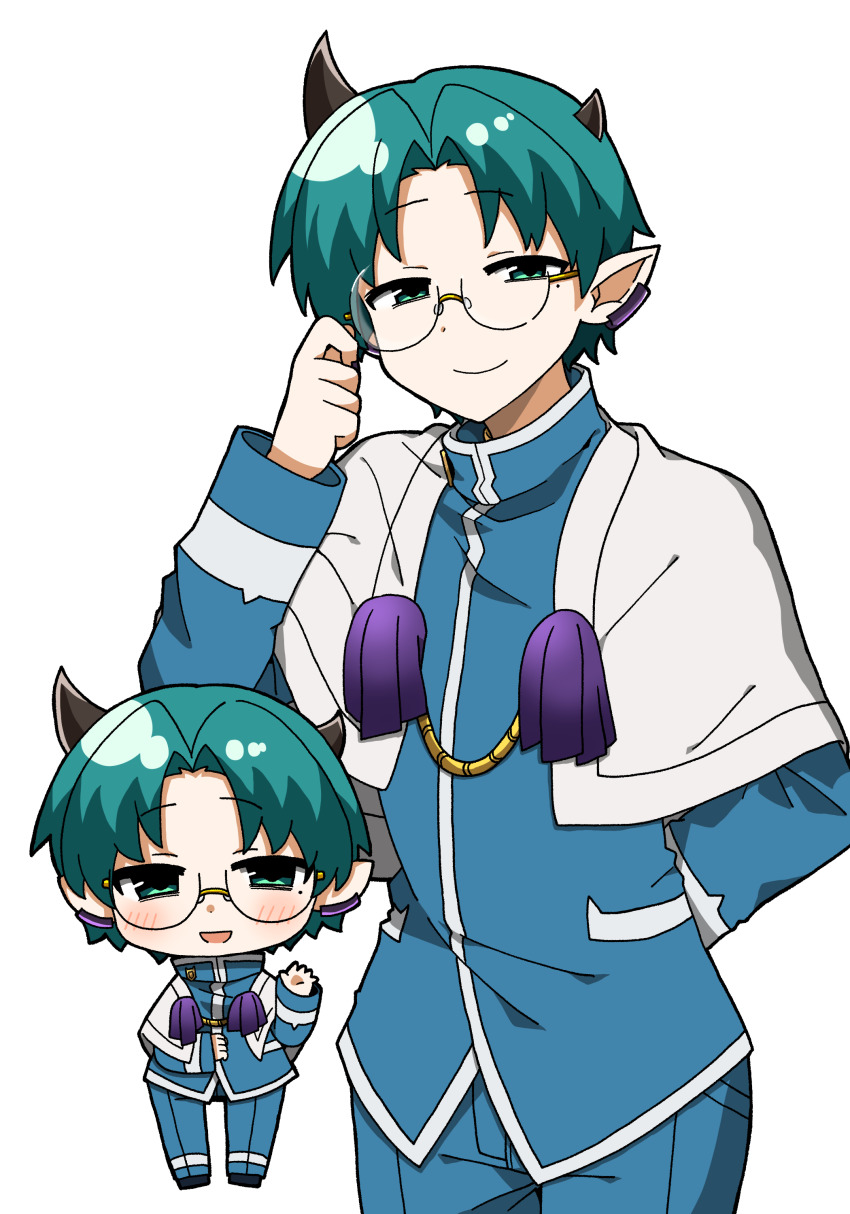 10s, 1boy, absurdres, adjusting_glasses, amy_kiriwo, aqua_eyes, aqua_hair, blue_shirt