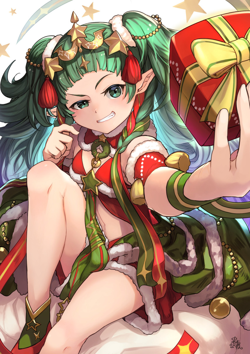 1girl, box, braid, female_focus, fire_emblem, fire_emblem:_three_houses, fire_emblem_heroes, fur_trim, gift, gift_box, green_eyes, green_hair, grin, hair_ornament, hair_ribbon, highres, knee_up, long_hair, nakabayashi_zun, nintendo, pointy_ears, ribbon_braid, side_braid, sitting, smile, solo, sothis_(fire_emblem), sothis_(winter)_(fire_emblem), tiara, twin_braids