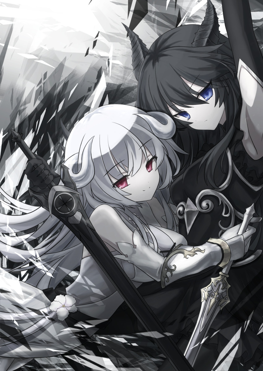 2girls, absurdres, arm_up, black_hair, black_horns, blue_eyes, gauntlets, highres