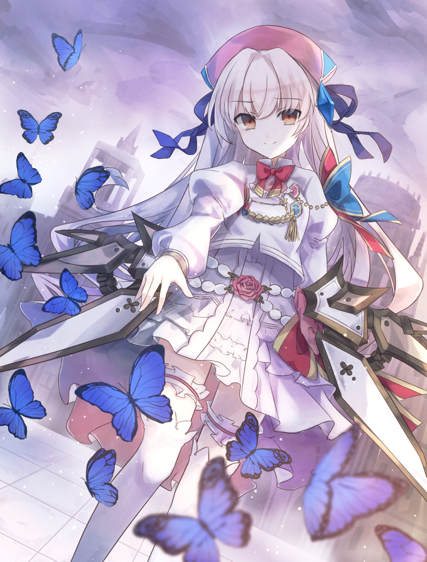 1girl, absurdres, arcaea, blue_butterfly, bow, brown_eyes, bug, butterfly, character_request, check_character, dutch_angle, flower, highres, hikari_(arcaea), hikari_(fracture)_(arcaea), insect, lesyef103, long_hair, long_sleeves, looking_at_viewer, outdoors, puffy_long_sleeves, puffy_sleeves, red_bow, skirt, smile, standing, thighhighs, white_hair, white_skirt, white_thighhighs