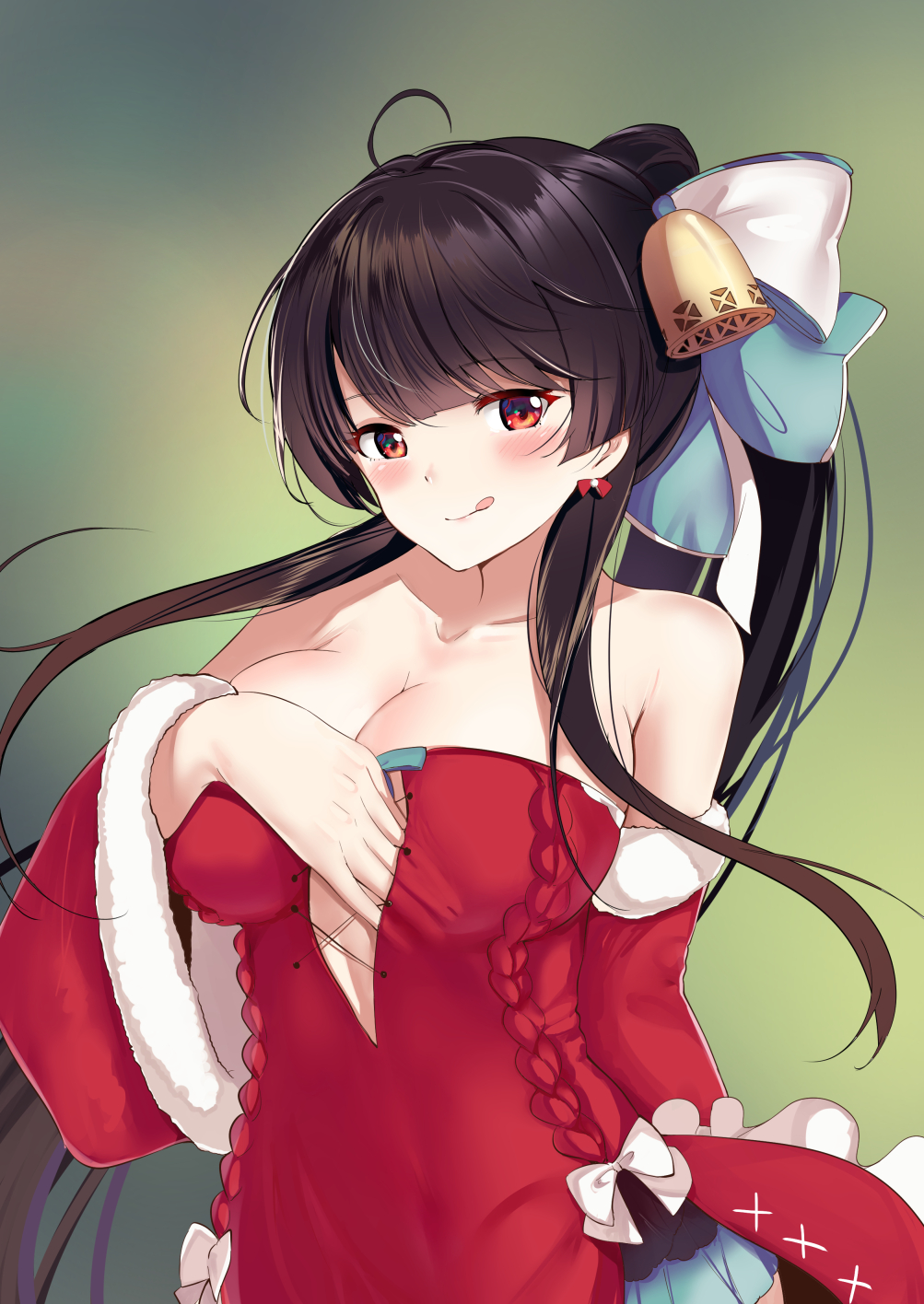 1girl, :q, agano_(azur_lane), agano_(christmas_eve_tease)_(azur_lane), ahoge, azur_lane, bare_shoulders, bell, bow, breasts, brown_hair, christmas, cleavage, collarbone, detached_sleeves, dress, female_focus, fur_trim, hair_bow, highres, large_breasts, long_hair, long_sleeves, looking_at_viewer, ponytail, red_dress, red_eyes, schreibe_shura, smile, solo, strapless, strapless_dress, tongue, tongue_out, upper_body, very_long_hair, wide_sleeves