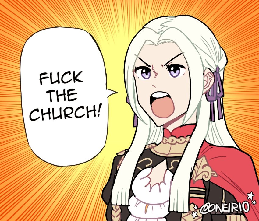 1girl, ascot, cape, comic, edelgard_von_hresvelg, female_focus, fire_emblem, fire_emblem:_three_houses, garreg_mach_monastery_uniform, hair_ornament, hair_ribbon, highres, long_hair, nintendo, oneirio, purple_eyes, red_cape, ribbon, screaming, shouting, simple_background, solo, v-shaped_eyebrows, white_hair