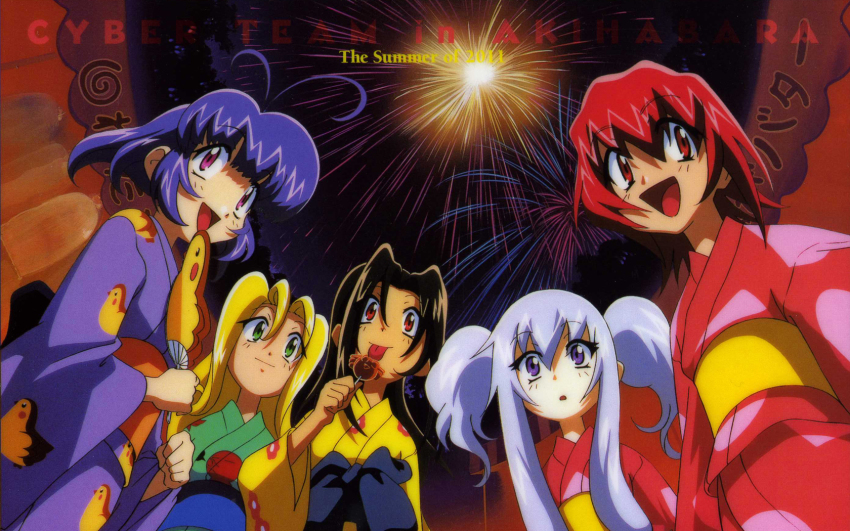 1990s_(style), 5girls, aerial_fireworks, akihabara_dennou_gumi, black_hair, blonde_hair, blue_hair, candy