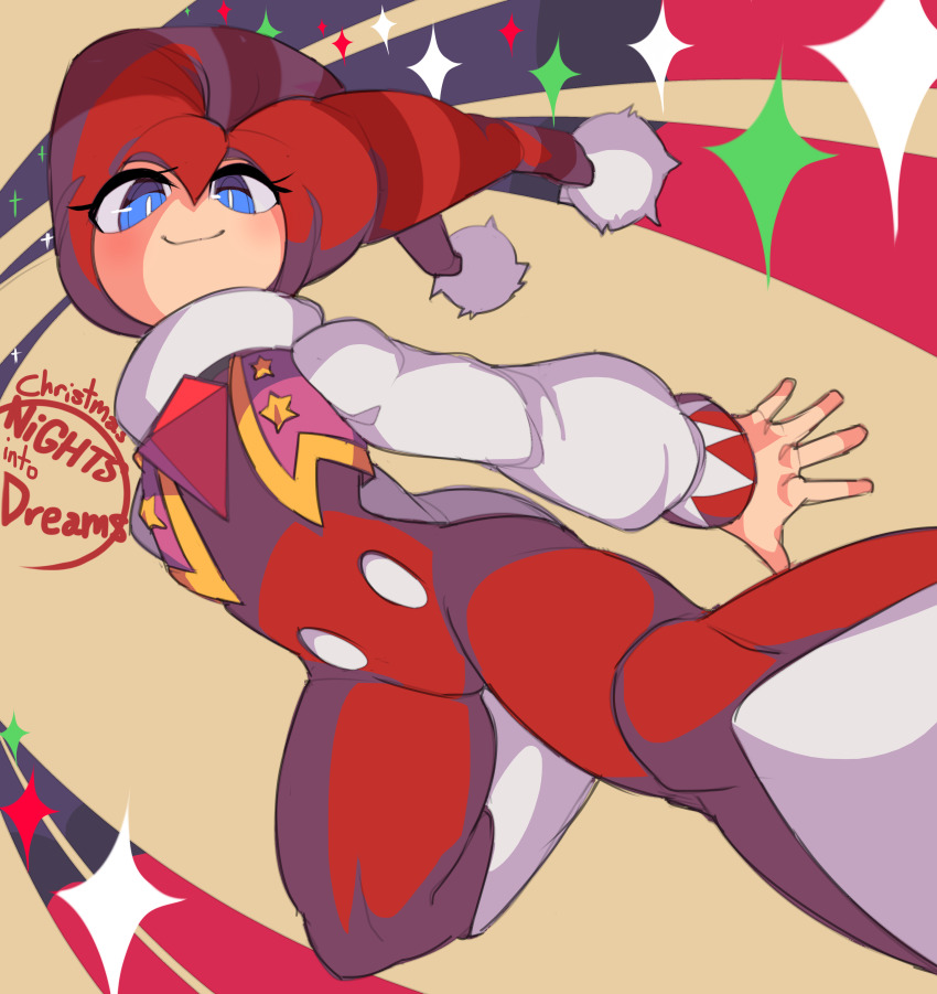 1other, absurdres, alternate_color, alternate_costume, androgynous, blue_eyes, captain_kirb, christmas, christmas_nights_into_dreams, colored_skin, eyelashes, gender_request, hat, highres, jester, jester_cap, looking_at_viewer, nights_(character), nights_into_dreams, sega, white_skin