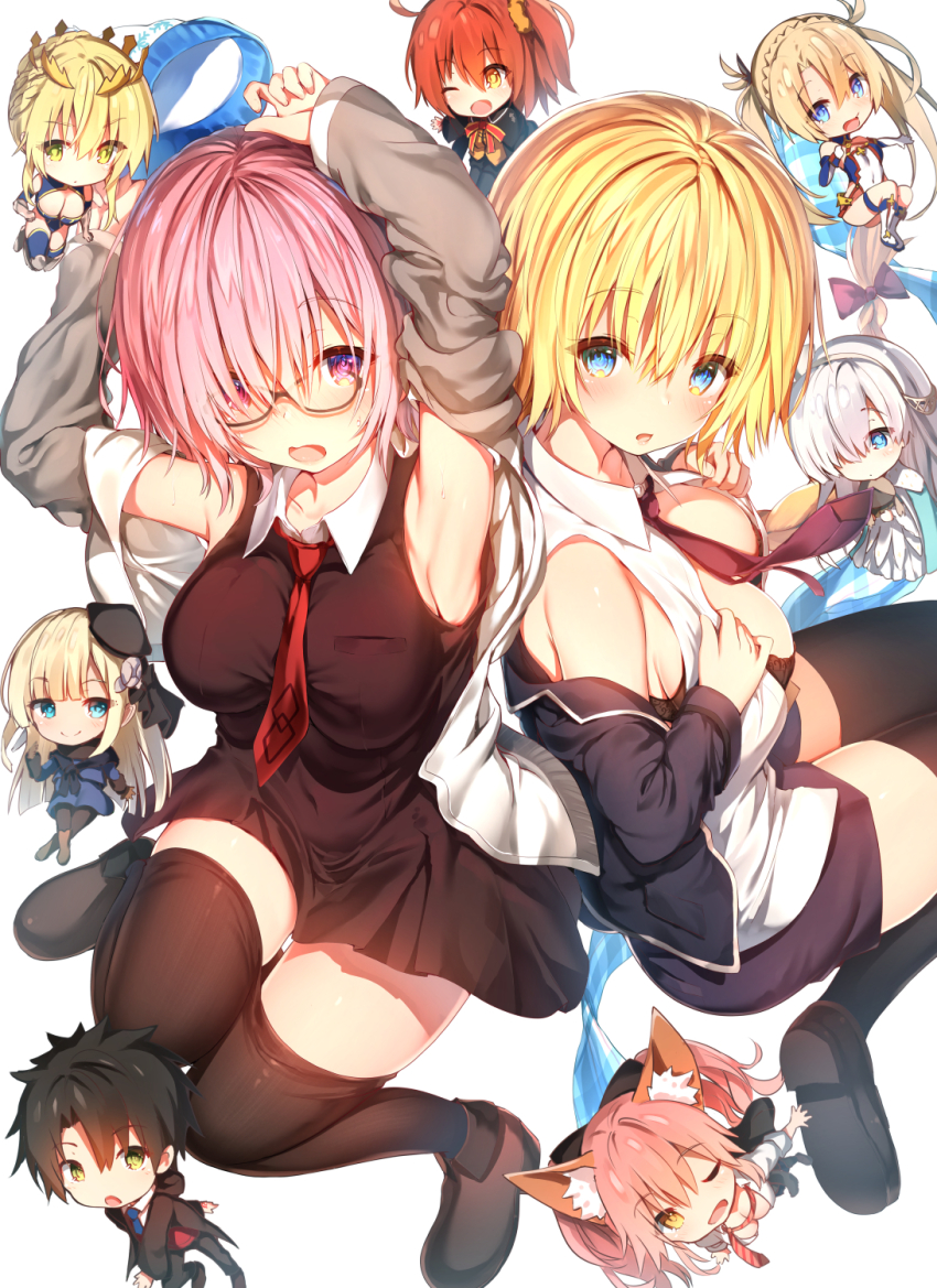 1boy, 6+girls, ahoge, anastasia_(fate), animal_ear_fluff, animal_ears, armpits, arms_up