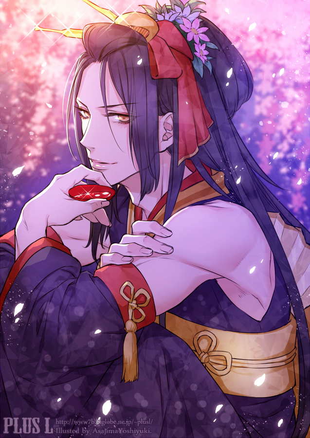 1boy, alcohol, armpits, artist_name, asajima_yoshiyuki, bad_id, bad_pixiv_id, bare_shoulders, black_hair, blue_flower, cherry_blossoms, closed_mouth, cup, detached_sleeves, drink, english_text, eyes_visible_through_hair, flower, hair_flower, hair_ornament, holding, holding_cup, japanese_clothes, jirou_tachi, long_hair, looking_at_viewer, male_focus, pink_flower, sakazuki, sake, sitting, sleeveless, smile, solo, tassel, touken_ranbu, trap, watermark, web_address, yellow_eyes