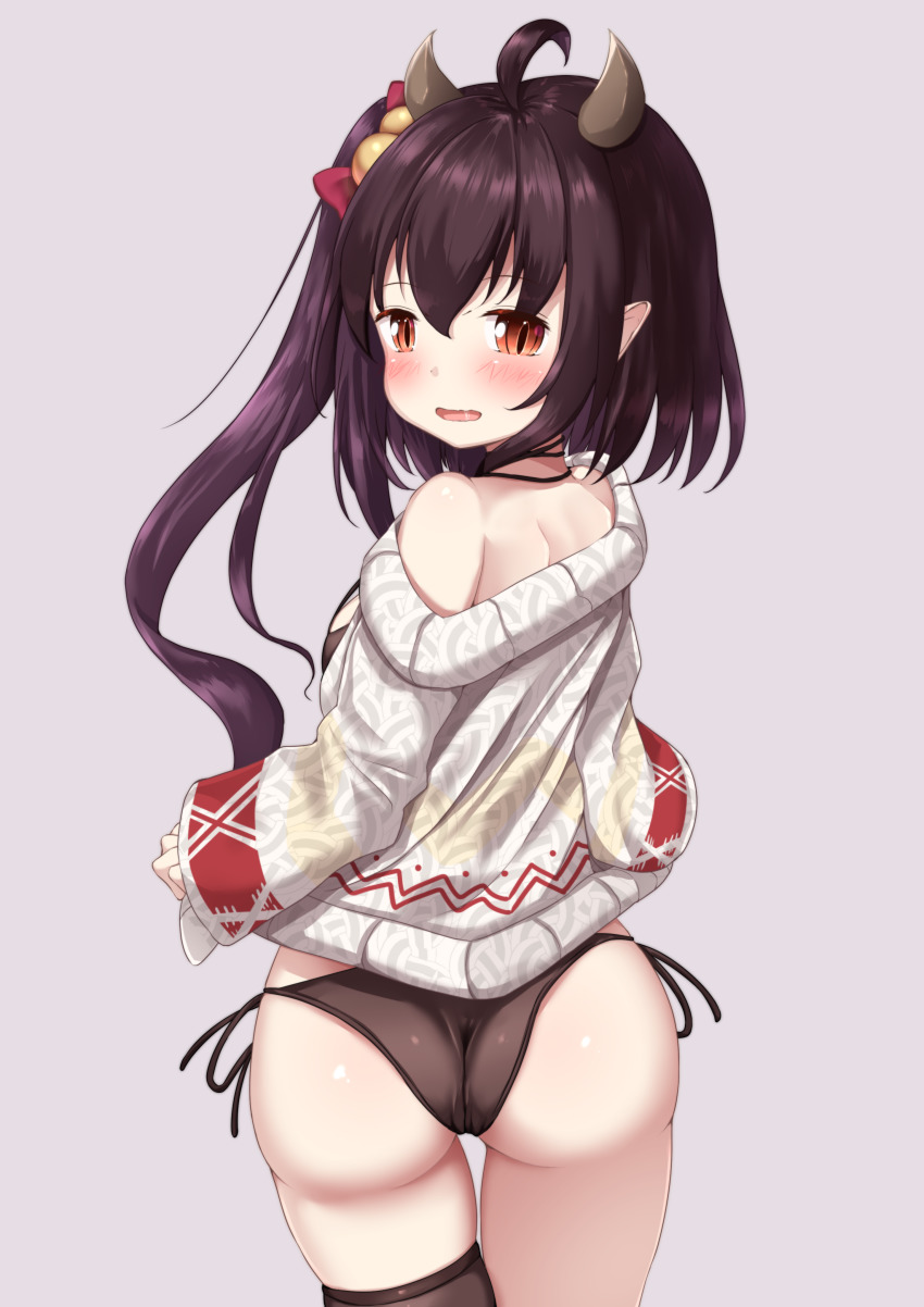 1girl, absurdres, ahoge, ass, azur_lane, black_panties, black_thighhighs, breasts, commentary_request, female_focus, from_behind, hair_between_eyes, hair_ornament, highres, horns, isuzu_(azur_lane), isuzu_(cozy_christmas_eve)_(azur_lane), lifting_own_clothes, long_hair, long_sleeves, looking_at_viewer, mochiyuki, off-shoulder_sweater, off_shoulder, open_mouth, orange_eyes, panties, pointy_ears, side-tie_panties, sleeves_past_wrists, slit_pupils, small_breasts, smile, solo, sweater, thighhighs, underwear, wedgie