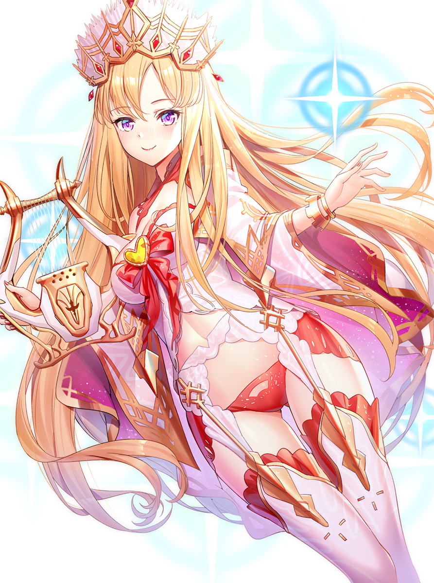 1girl, bare_shoulders, blonde_hair, blush, bow, breasts, closed_mouth, commentary_request