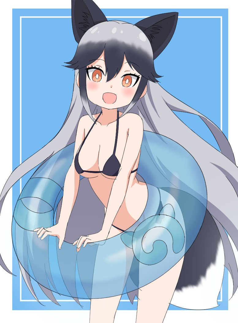 1girl, :d, animal_ears, bad_id, bad_twitter_id, bikini, black_bikini, black_hair