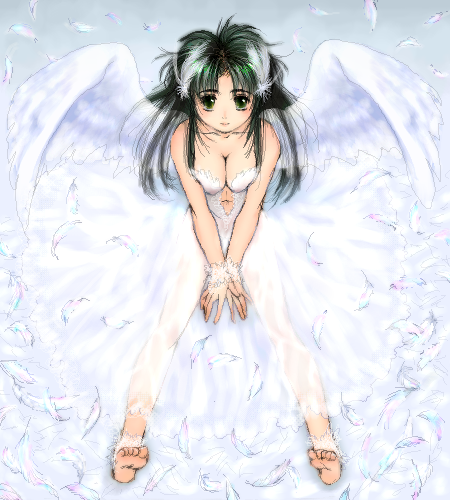 1girl, angel, barefoot, feet, female_focus, green_hair, jochuu-san, lowres