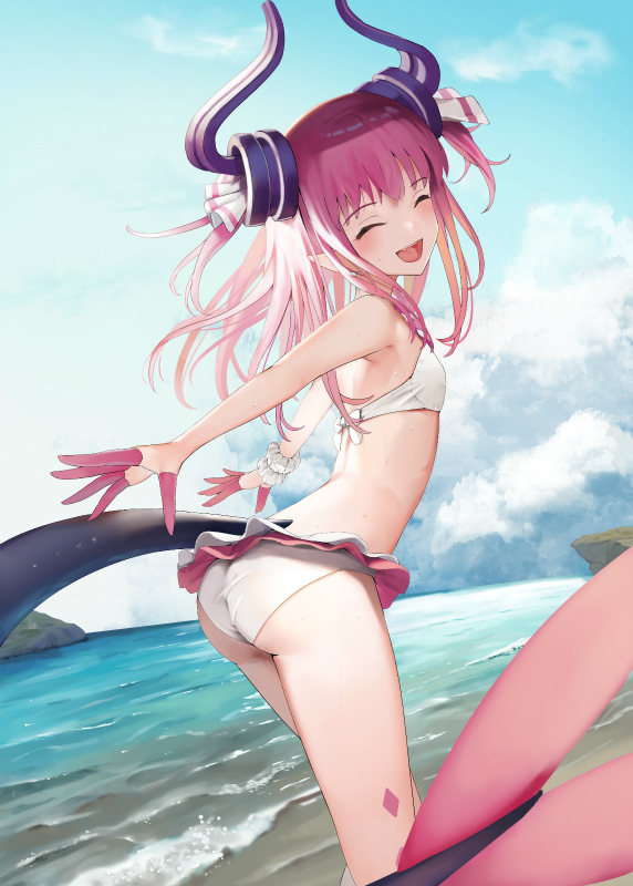 1girl, :d, ^_^, ass, bikini, blush, closed_eyes, cloud