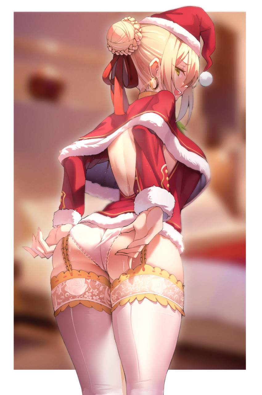 1girl, adjusting_clothes, adjusting_panties, ass, back, backless_dress, backless_outfit, blonde_hair, blurry, breasts, capelet, christmas, cowboy_shot, depth_of_field, dress, earrings, fate/extra, fate/grand_order, fate_(series), female_focus, from_behind, garter_belt, garter_straps, green_eyes, hair_bun, hair_over_one_eye, hair_ribbon, hat, highres, hoop_earrings, jewelry, k_pring, lace, lace-trimmed_legwear, lace_trim, large_breasts, long_sleeves, looking_at_viewer, looking_back, meme, microdress, naughty_face, nero_claudius_(fate), nero_claudius_(fate/extra), outside_border, padoru_(meme), panties, red_hat, red_ribbon, ribbon, santa_costume, santa_hat, short_hair, sideways_mouth, single_hair_bun, smug, solo, standing, thighhighs, underwear, white_panties, white_thighhighs