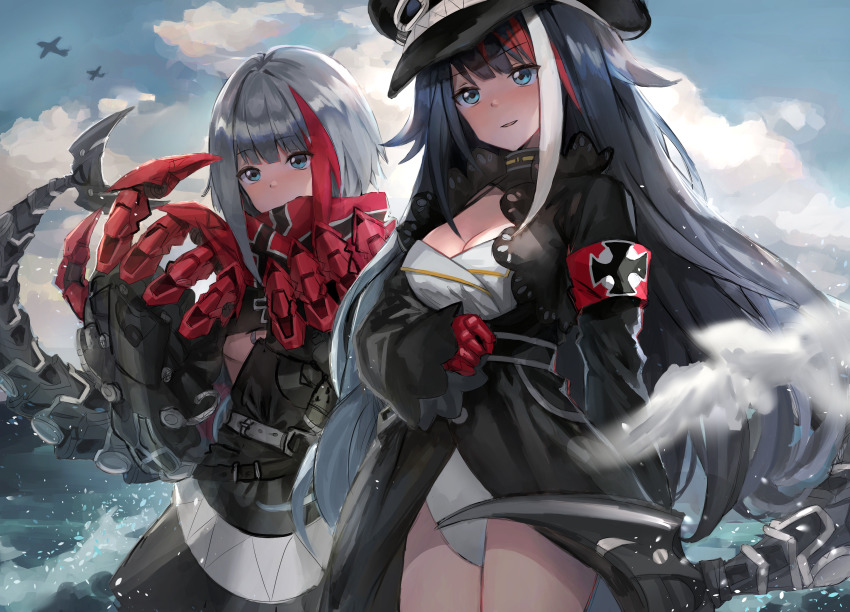 2girls, absurdres, admiral_graf_spee_(azur_lane), armband, azur_lane, bird, black_hair, blue_eyes
