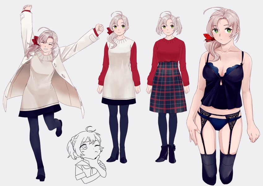 2girls, alternate_costume, aoba_(kancolle), beige_dress, black_legwear, black_panties, black_skirt, breasts