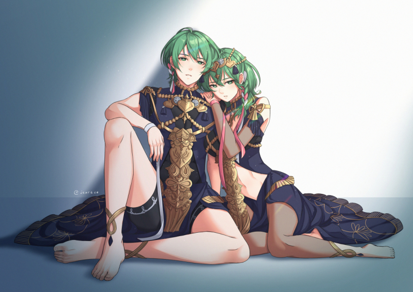 1boy, 1girl, aequorine, barefoot, braid, female_byleth_(fire_emblem), male_byleth_(fire_emblem), cosplay