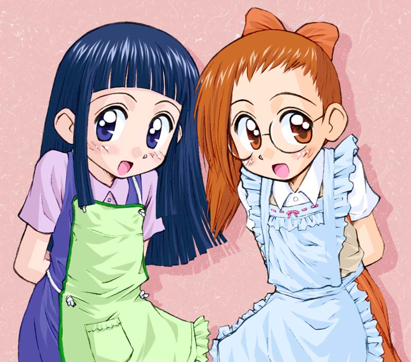 2girls, apron, arms_behind_back, blue_eyes, blue_hair, bow, brown_eyes, brown_hair