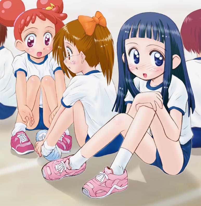 5girls, blue_eyes, blue_hair, blush, bow, brown_eyes, brown_hair, buruma, double_bun, fortissimo, fujiwara_hazuki, glasses, gym_uniform, hair_bow, hair_bun, hair_ornament, harukaze_doremi, koizumi_marina, kokekokko_coma, long_hair, multiple_girls, musical_note, musical_note_hair_ornament, ojamajo_doremi, on_ground, open_mouth, ponytail, purple_eyes, red_hair, shoes, sitting, sneakers