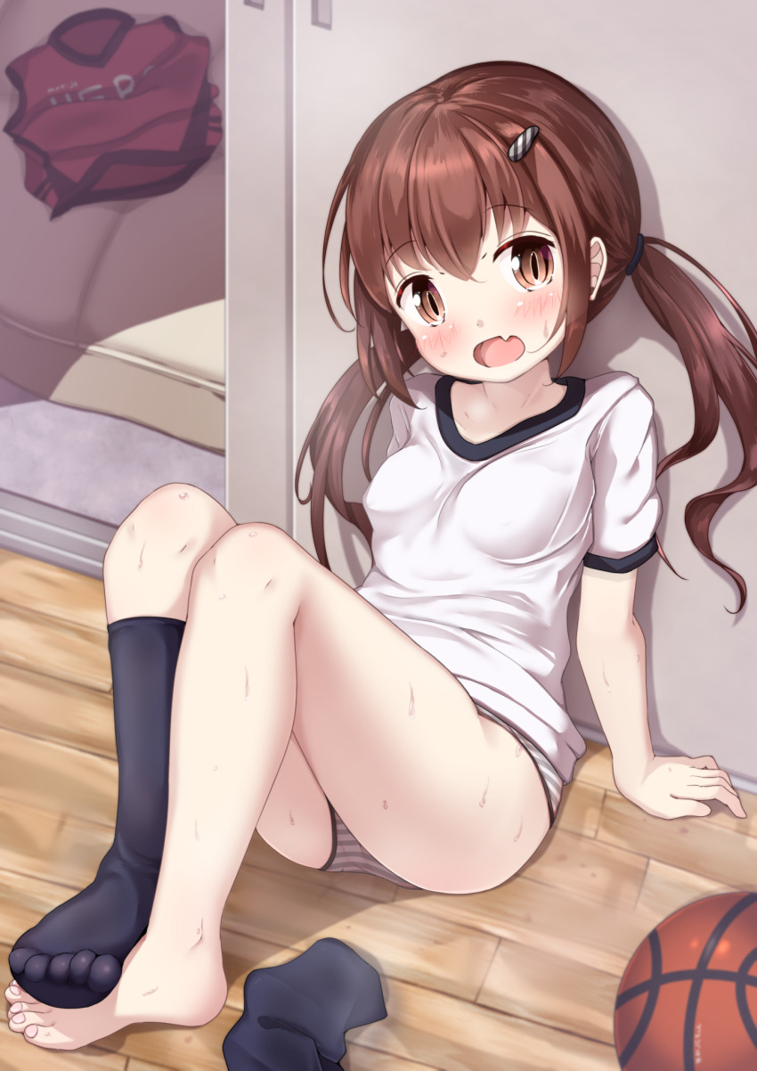 1girl, ball, bare_legs, barefoot, basketball, basketball_(object), blush, breasts