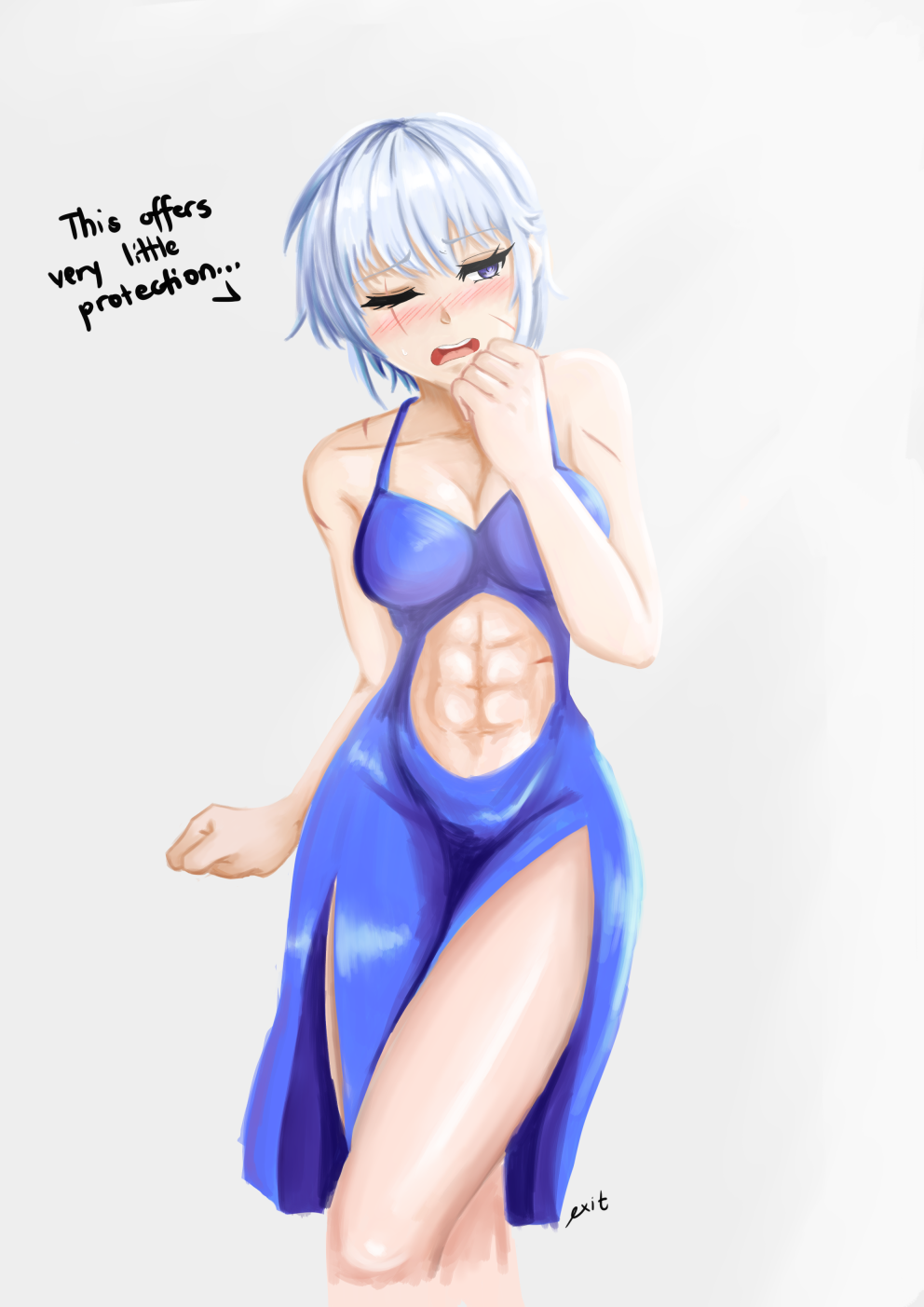 1girl, abs, bare_legs, blue_dress, blush, breasts, cleavage, clenched_hands, clothing_cutout, cocktail_dress, dress, embarrassed, english_text, exit_(brush_whip), female_focus, highres, ima_made_ichido_mo_onna_atsukaisareta_koto_ga_nai_jokishi_wo_onna_atsukai_suru, legs, leo_cornelia, medium_breasts, muscular, muscular_female, nose_blush, one-eyed, purple_eyes, scar, scar_across_eye, scar_on_face, short_hair, side_slit, signature, silver_hair, solo, speech_bubble, stomach, stomach_cutout, toned