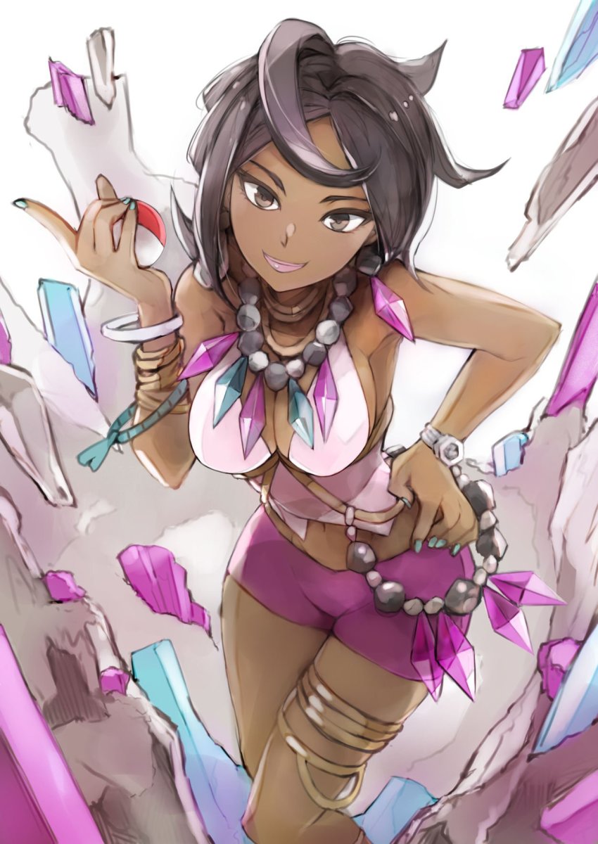 1girl, aqua_gem, bana_(stand_flower), bracelet, breasts, brown_eyes, brown_hair, cleavage, dark-skinned_female, dark_skin, female_focus, gem, hand_on_own_hip, highres, holding, jewelry, lipstick, looking_at_viewer, makeup, medium_breasts, multiple_bracelets, navel, necklace, nintendo, olivia_(pokemon), pink_gem, pink_lips, poke_ball, pokemon, pokemon_sun_and_moon, shorts, smile, solo, stone, thighlet