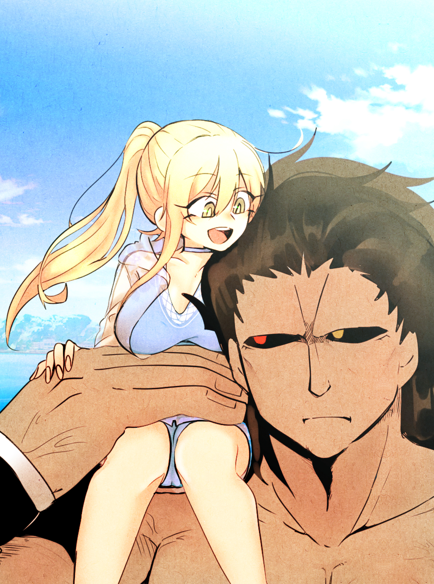 1boy, 1girl, heracles_(fate), black_hair, black_sclera, blonde_hair, blue_sky, choker