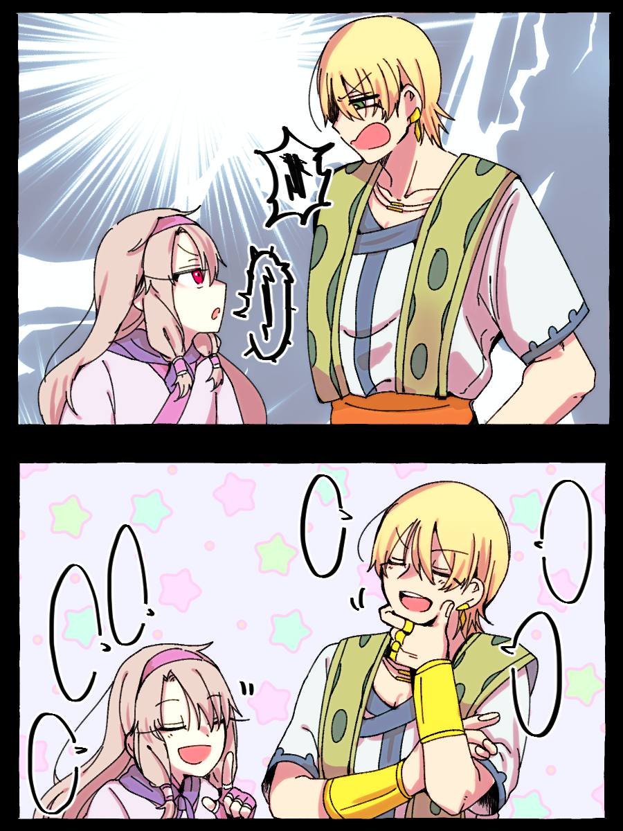2koma, ainu_clothes, blank_speech_bubble, blonde_hair, bracelet, comic, earrings, closed_eyes