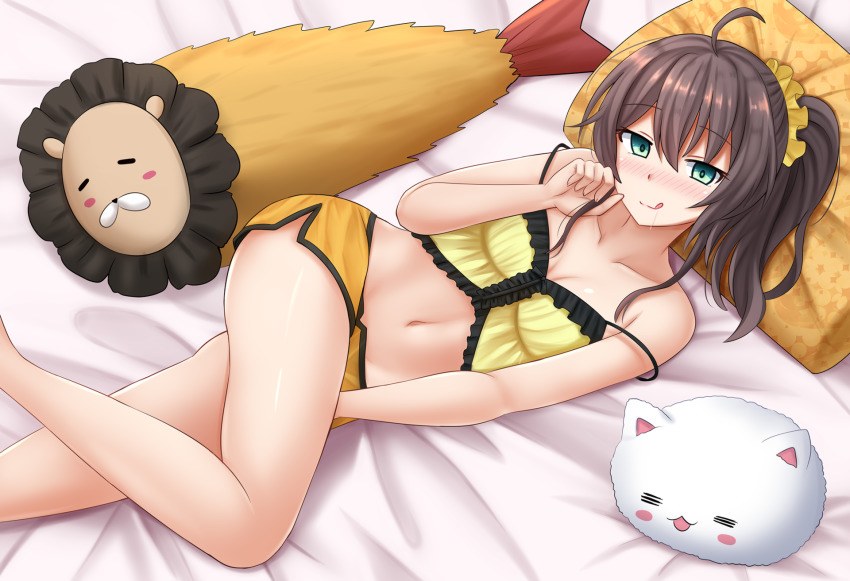 1girl, :q, =_=, ahoge, angora_rabbit, bare_arms, bare_legs, bare_shoulders, bed_sheet, black_hair, blush_stickers, breasts, camisole, closed_mouth, collarbone, commentary, crop_top, crossover, drooling, ebi_frion_(matsuri_channel), feet_out_of_frame, female_focus, frilled_camisole, frills, gochuumon_wa_usagi_desu_ka?, green_eyes, hair_between_eyes, hair_ornament, hair_scrunchie, highres, hololive, kazenokaze, long_hair, looking_at_viewer, lying, midriff, natsuiro_matsuri, natsuiro_matsuri_(matsuri's_day_off), navel, on_side, one_side_up, orange_shorts, pillow, rabbit, saliva, scrunchie, short_shorts, shorts, small_breasts, smile, solo, tippy_(gochiusa), tongue, tongue_out, virtual_youtuber, yellow_camisole, yellow_scrunchie