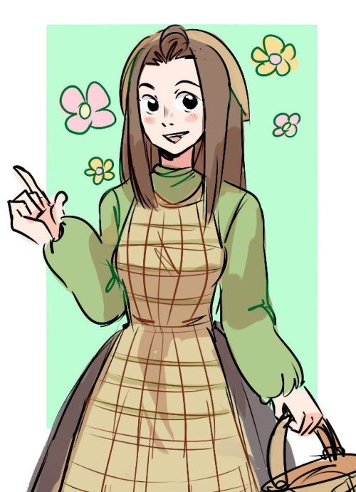 1girl, :d, apron, bandana, blush, brown_hair, floral_background, green_background