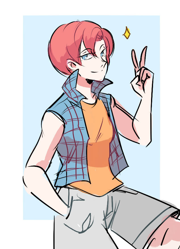 1girl, blue_background, blue_eyes, hand_in_pocket, harvest_moon, nami_(bokujou_monogatari), orange_shirt, red_hair