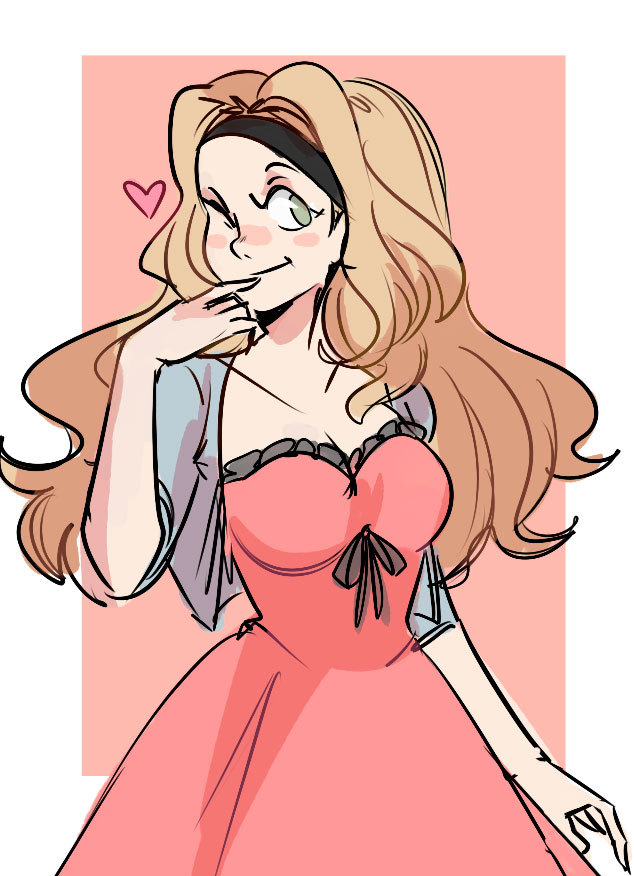 black_headband, blonde_hair, cropped_jacket, dress, finger_to_own_chin, green_eyes, harvest_moon, headband, heart, long_hair, muffy_(harvest_moon), pink_background, red_background, red_dress, simple_background, smile, wink