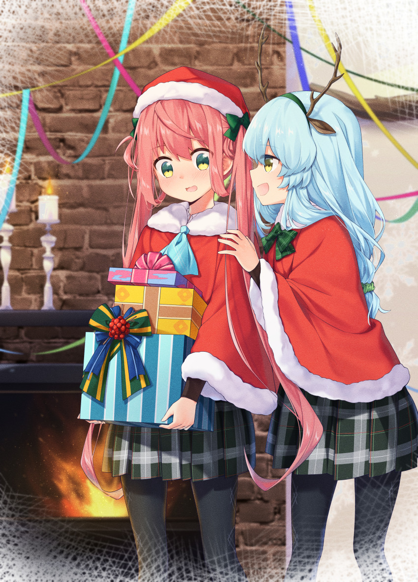 2girls, absurdres, alternate_costume, asagumo_(christmas)_(kancolle), asagumo_(kancolle), black_legwear, blush, box