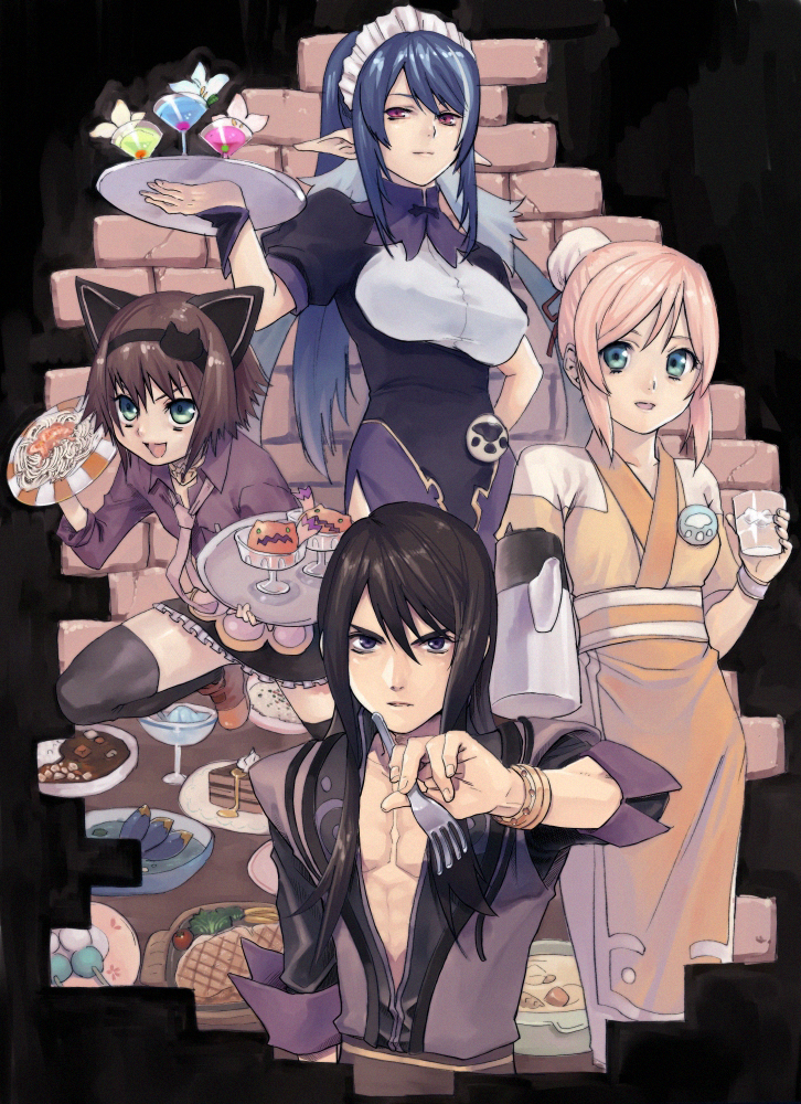 00s, 3girls, alternate_costume, alternate_hairstyle, animal_ears, bracelet, drink, estellise_sidos_heurassein, estellise_sidos_heurassein_(gracious_waitress), food, fork, jewelry, judith_(glamorous_maid)_(tales), judith_(tales), maid, multiple_girls, natsuhiko, natsuhiko_(pixiv531357), necktie, official_alternate_costume, plate, pointy_ears, rita_mordio, smile, tales_of_(series), tales_of_vesperia, thighhighs, waitress, yuri_lowell