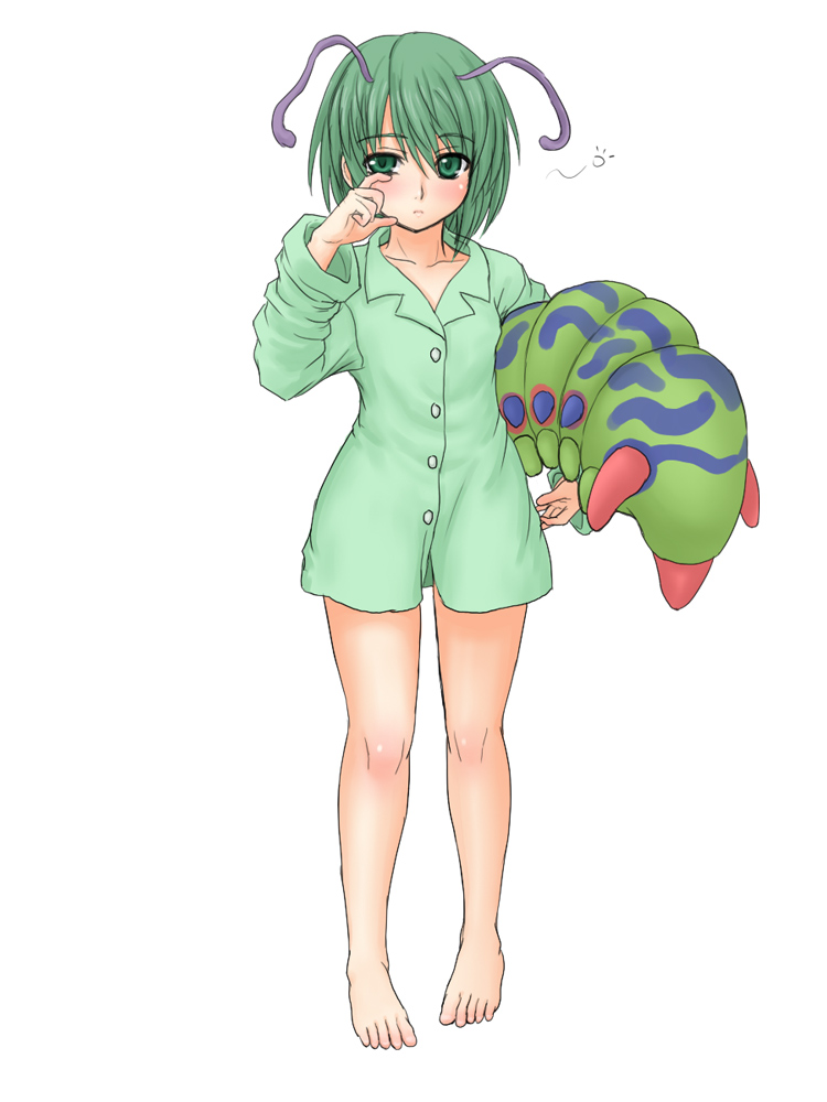 1girl, antennae, barefoot, bottomless, duel_monster, feet, female_focus, full_body, green_eyes, green_hair, kuro_suto_sukii, larvae_moth, matching_hair/eyes, no_pants, short_hair, simple_background, sleepy, solo, standing, stuffed_animal, stuffed_toy, touhou, white_background, wriggle_nightbug, yu-gi-oh!, yu-gi-oh!_duel_monsters