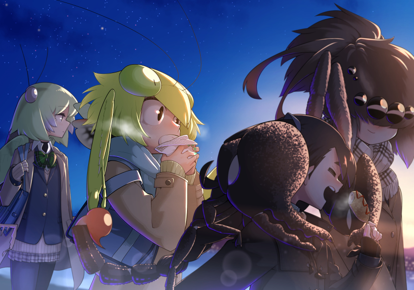 4girls, absurdres, antennae, black_hair, black_legwear, bow, bowtie, eating