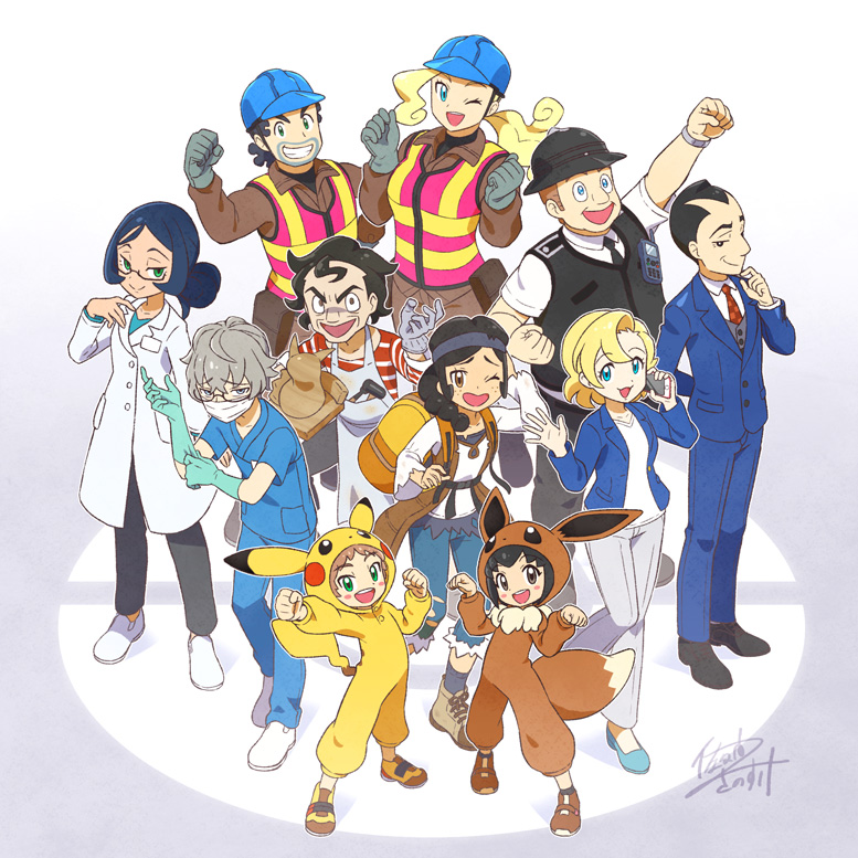 5girls, 6+boys, artist_(pokemon), backpack, backpacker_(pokemon), bag, black_hair, black_vest, blonde_hair, blue_eyes, blue_gloves, blue_jacket, blue_pants, blue_shirt, blush_stickers, bodysuit, braid, brown_eyes, brown_footwear, brown_hair, brown_jumpsuit, business_suit, cellphone, chonmage, clenched_hand, commentary_request, cosplay, doctor_(pokemon), eevee, eevee_(cosplay), flower, formal_clothes, from_above, full_body, gen_1_pokemon, glasses, gloves, gradient_background, green_eyes, grey_gloves, grey_hair, hair_bun, hand_up, headband, helmet, high-visibility_clothing, high-visibility_vest, holding, holding_phone, hood, jacket, jumpsuit, lab_coat, long_sleeves, looking_at_viewer, mask, mouth_mask, multiple_boys, multiple_girls, necktie, nintendo, npc_trainer, office_lady, office_worker_(pokemon), official_art, one_eye_closed, open_mouth, overalls, pants, phone, pikachu, pikachu_(cosplay), pikachu_tail, poke_ball_symbol, poke_kid_(pokemon), pokemon, pokemon_sword_and_shield, pokemon_tail, police_officer_(pokemon), red_neckwear, sakuma_sanosuke, shirt, short_hair, short_sleeves, signature, simple_background, single_hair_bun, smartphone, smile, suit, surgical_mask, tail, topknot, vest, waving, white_footwear, white_pants, worker_(pokemon), yellow_flower