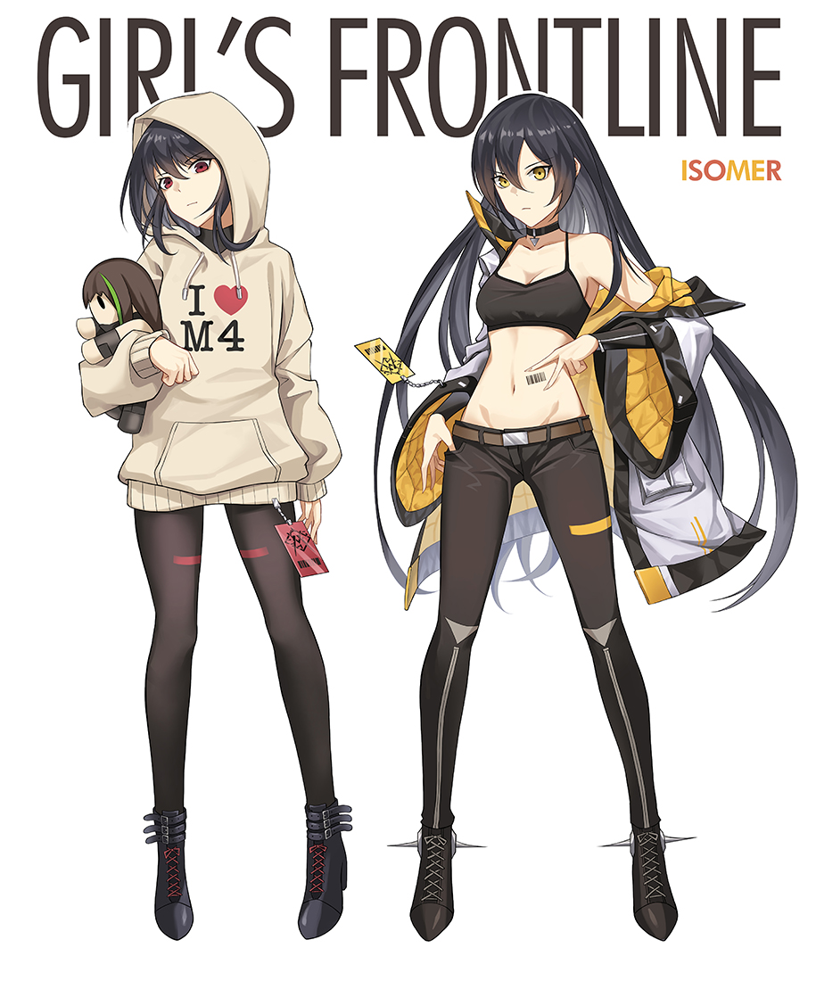 2girls, abs, alternate_costume, ark_john_up, barcode, barcode_tattoo, breasts, character_doll, cleavage, copyright_name, doll, english_text, girls'_frontline, hood, hooded_jacket, hoodie, isomer_(girls'_frontline), isomer_hivemind_(girls'_frontline), jacket, long_hair, m4a1_(girls'_frontline), multiple_girls, nyto_(girls'_frontline), nyto_isomer_(girls_frontline), pants, pantyhose, paradeus, sports_bra, stuffed_toy, tattoo, white_background